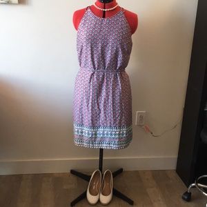 Paisley print slip dress with tie-waist.